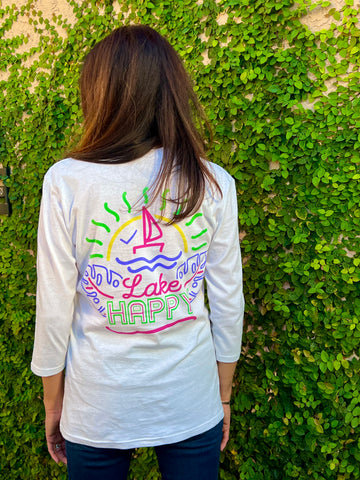 Lake Happy 3/4 Sleeve Classic Tee Shirt WHITE with NEON design