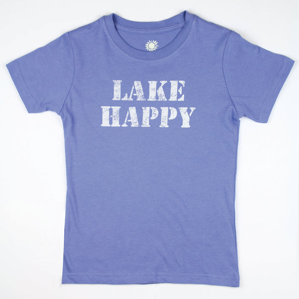 Lake Happy Youth Short Sleeve Tee Shirt Bleached Denim Stencil logo